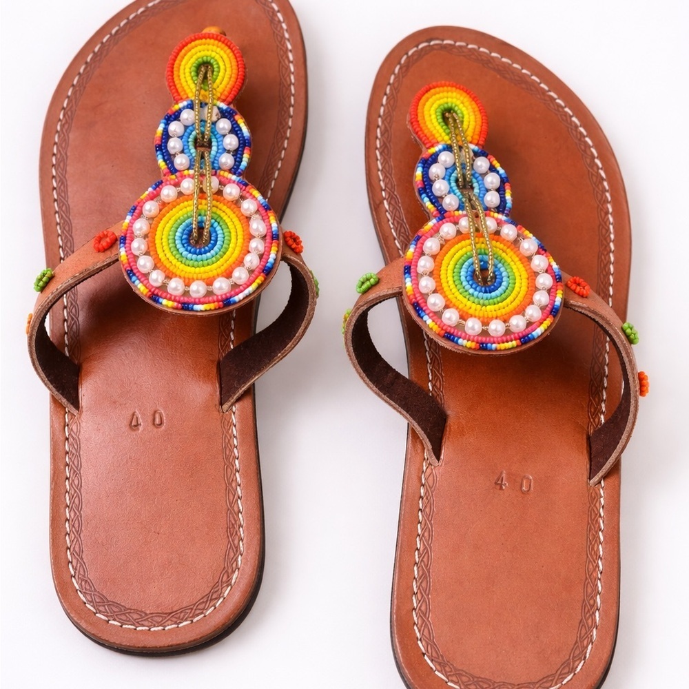 Women's Brown Beaded Thong Sandals with Multicolor Accents - Picture 2 of 2